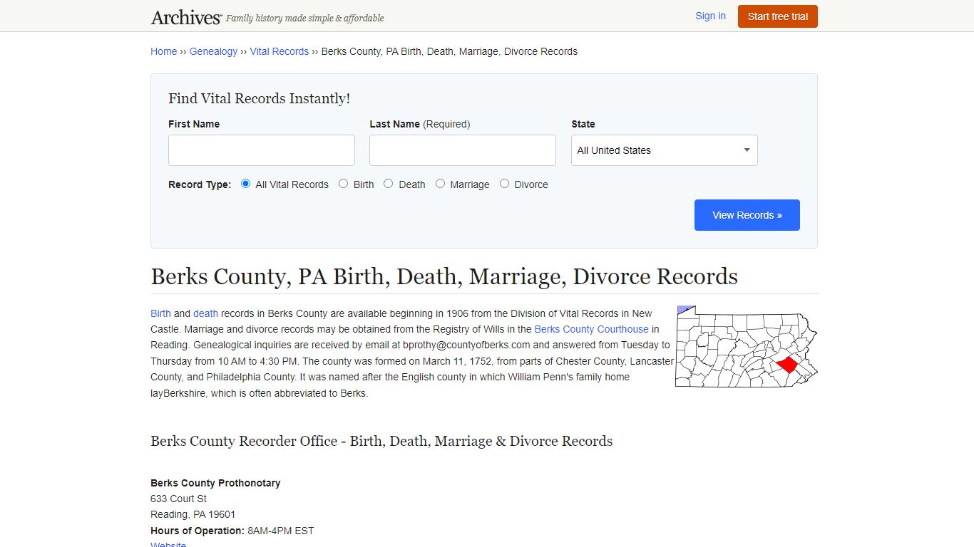 Berks County, PA Birth, Death, Marriage, Divorce Records - Archives.com